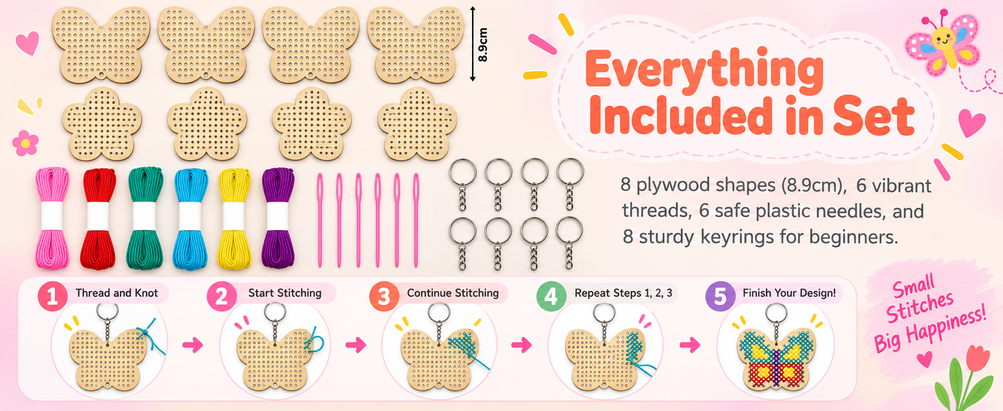 HASTHIP Wood Cross Stitch Kit for Kids and Beginners with Punched Plywood Butterfly and Flower Shapes