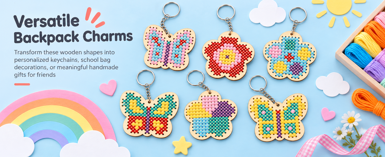 HASTHIP Wood Cross Stitch Kit for Kids and Beginners with Punched Plywood Butterfly and Flower Shapes