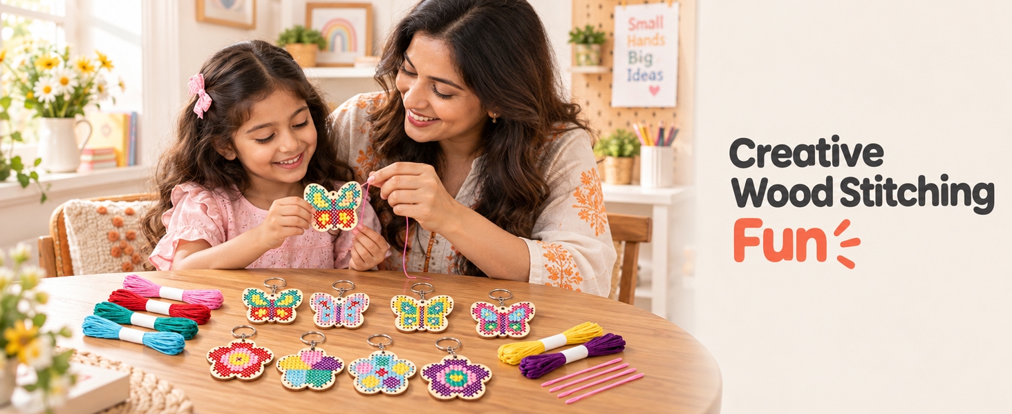 HASTHIP Wood Cross Stitch Kit for Kids and Beginners with Punched Plywood Butterfly and Flower Shapes