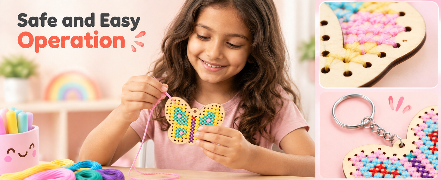 HASTHIP Wood Cross Stitch Kit for Kids and Beginners with Punched Plywood Butterfly and Flower Shapes