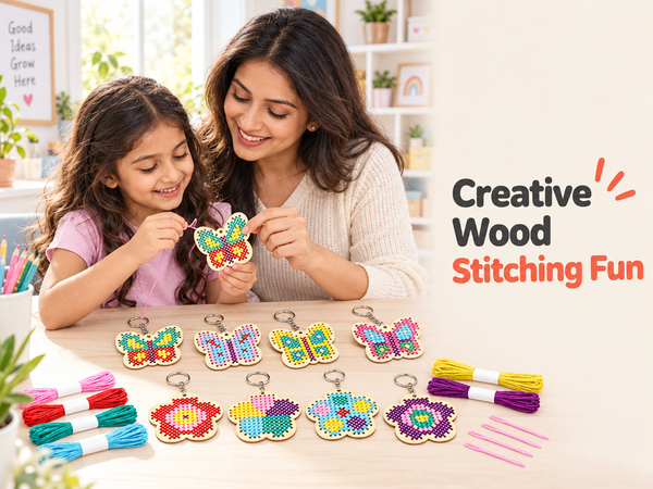 HASTHIP Wood Cross Stitch Kit for Kids and Beginners with Punched Plywood Butterfly and Flower Shapes