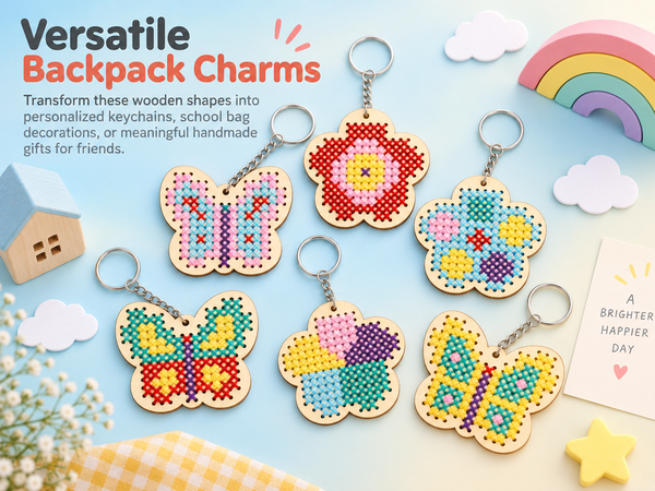 HASTHIP Wood Cross Stitch Kit for Kids and Beginners with Punched Plywood Butterfly and Flower Shapes