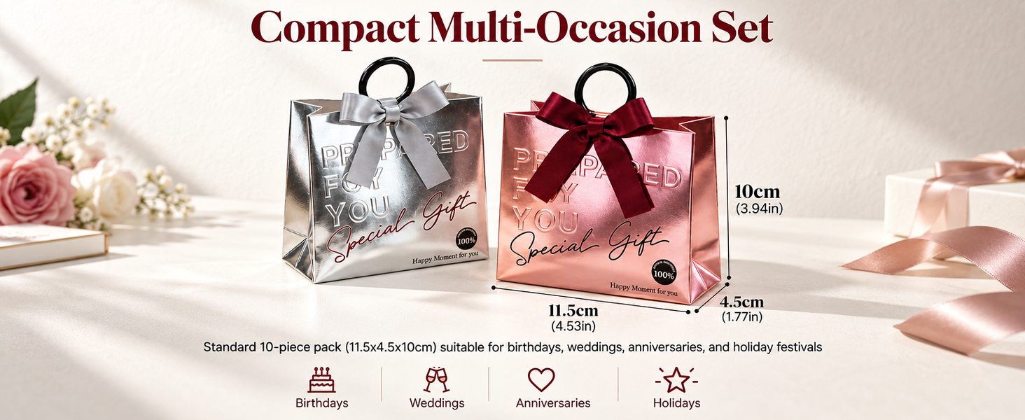 HASTHIP Metallic Foil Gift Boxes with Ring Handles, Pre-Tied Bows and Embossed Typography