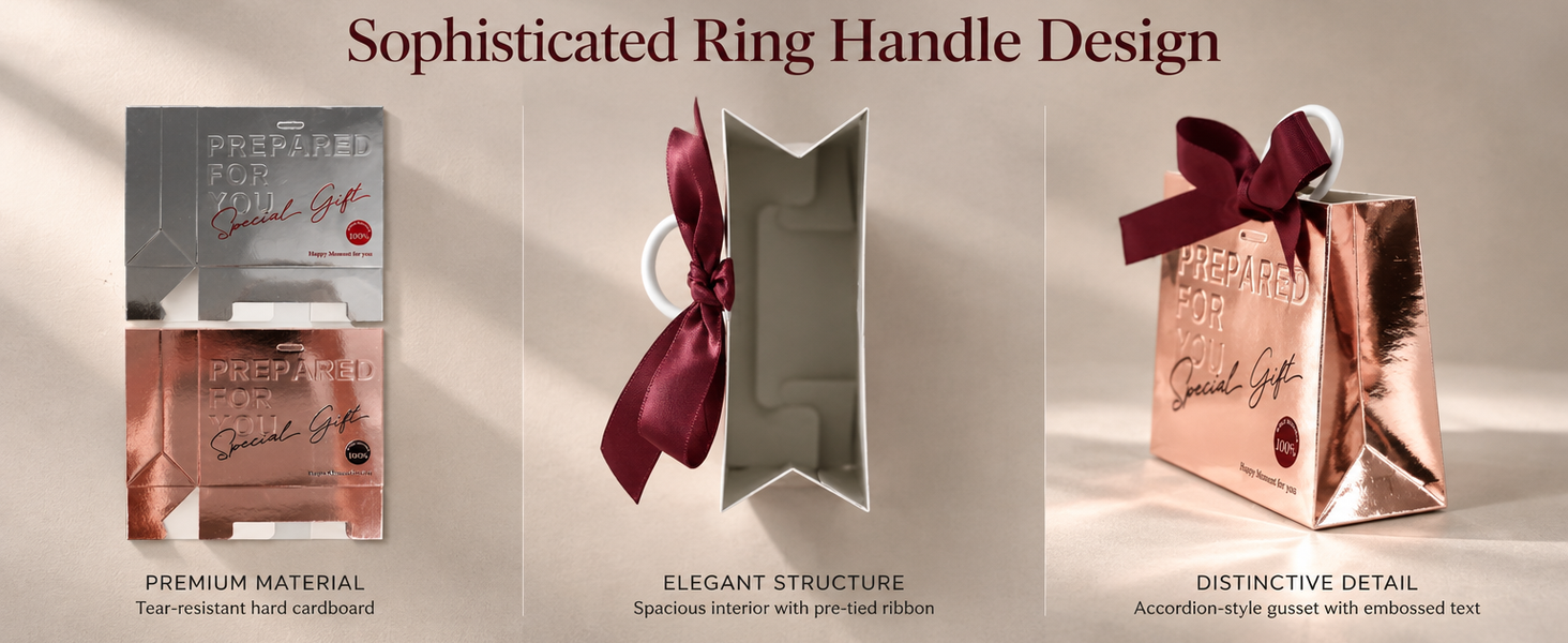 HASTHIP Metallic Foil Gift Boxes with Ring Handles, Pre-Tied Bows and Embossed Typography