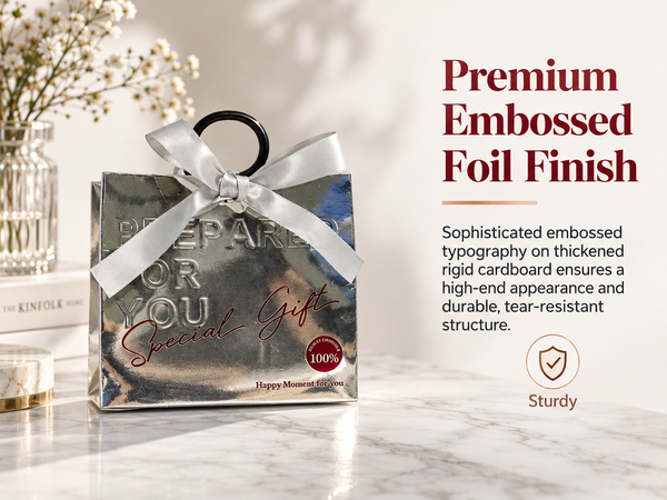 HASTHIP Metallic Foil Gift Boxes with Ring Handles, Pre-Tied Bows and Embossed Typography