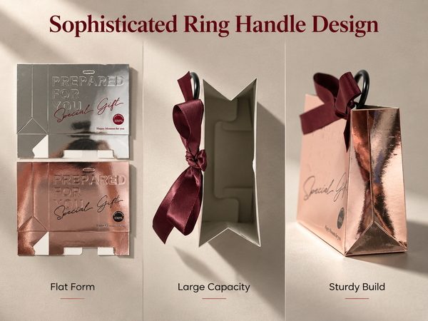 HASTHIP Metallic Foil Gift Boxes with Ring Handles, Pre-Tied Bows and Embossed Typography
