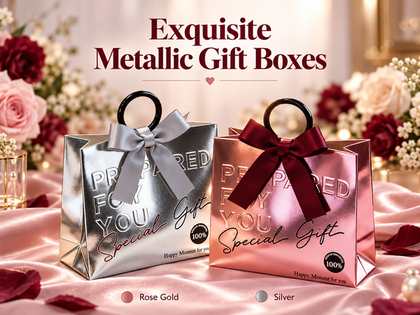 HASTHIP Metallic Foil Gift Boxes with Ring Handles, Pre-Tied Bows and Embossed Typography