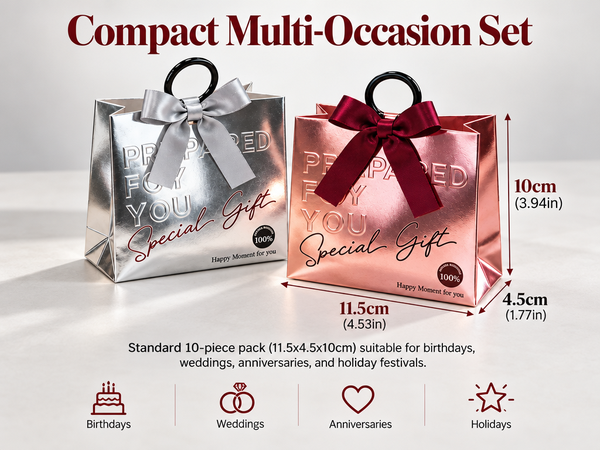 HASTHIP Metallic Foil Gift Boxes with Ring Handles, Pre-Tied Bows and Embossed Typography