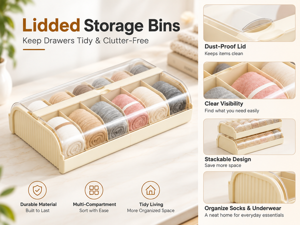 HASTHIP 12-Cell PET Plastic Storage Organizer, Milky White with Clear Lid, Stackable for Socks and Underwear