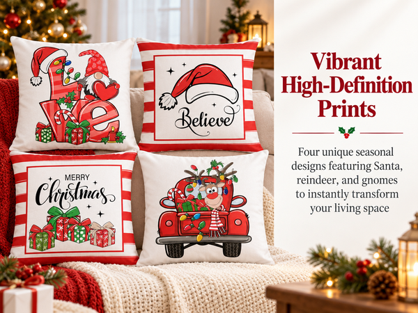 HASTHIP Set of 4 Christmas Cushion Covers, 18 x 18 Pulgadas, with Reindeer, Santa and Snowman Prints