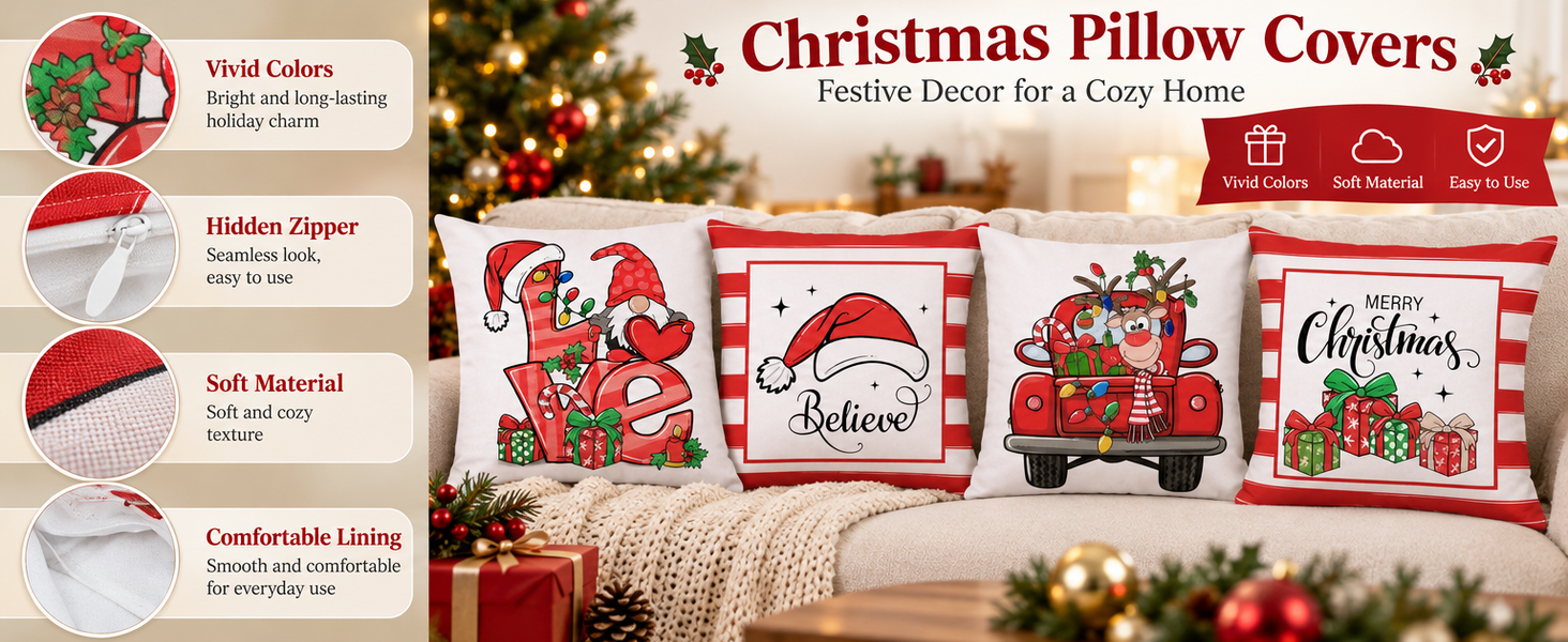 HASTHIP Set of 4 Christmas Cushion Covers, 18 x 18 Pulgadas, with Reindeer, Santa and Snowman Prints