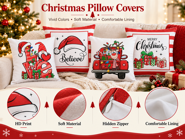 HASTHIP Set of 4 Christmas Cushion Covers, 18 x 18 Pulgadas, with Reindeer, Santa and Snowman Prints