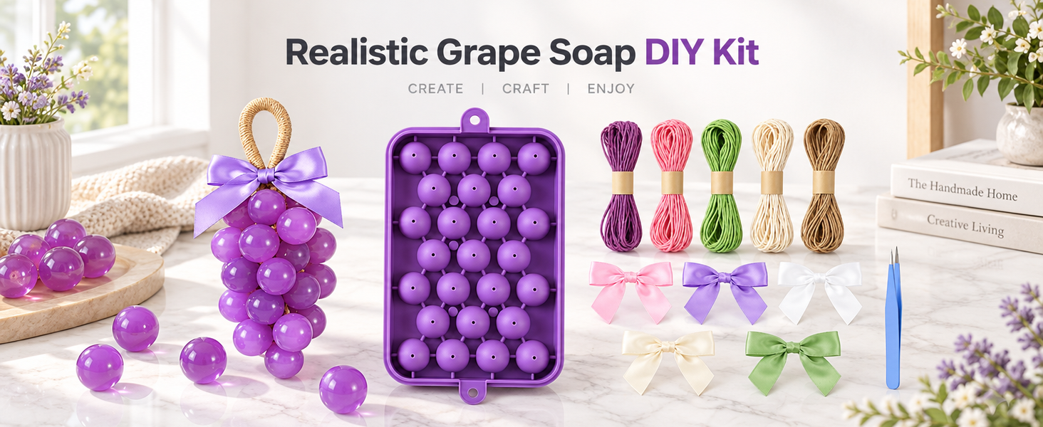 HASTHIP Silicone Grape Soap Mold Kit with 5 Twine Rolls, 5 Bows and 1 Tweezer for Handmade Gifts