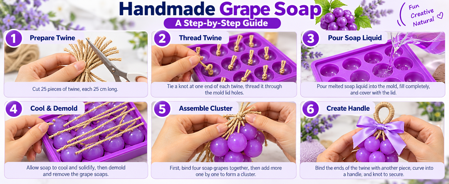 HASTHIP Silicone Grape Soap Mold Kit with 5 Twine Rolls, 5 Bows and 1 Tweezer for Handmade Gifts