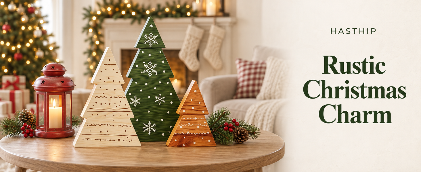 HASTHIP 3-Piece Green Boxwood Tabletop Christmas Tree Set with Vintage Distressed Finish