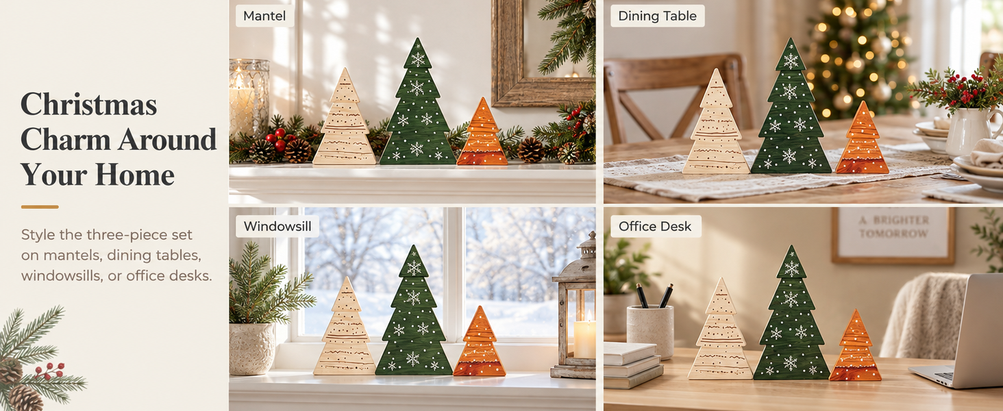HASTHIP 3-Piece Green Boxwood Tabletop Christmas Tree Set with Vintage Distressed Finish