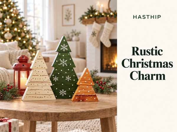 HASTHIP 3-Piece Green Boxwood Tabletop Christmas Tree Set with Vintage Distressed Finish