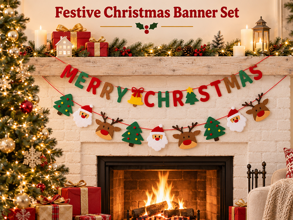 HASTHIP Felt Christmas Banner Set with Merry Christmas and Santa Designs, Adjustable Hanging Cord