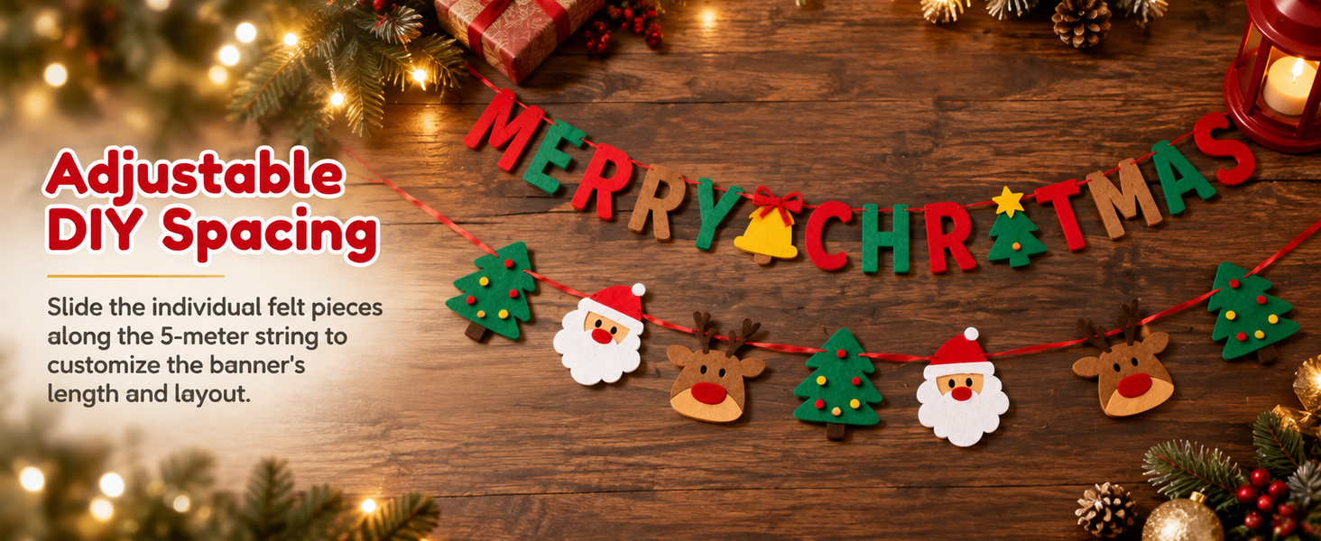 HASTHIP Felt Christmas Banner Set with Merry Christmas and Santa Designs, Adjustable Hanging Cord