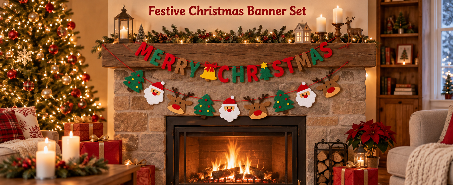 HASTHIP Felt Christmas Banner Set with Merry Christmas and Santa Designs, Adjustable Hanging Cord