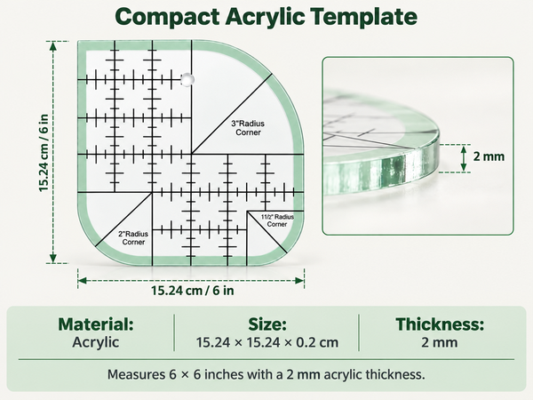 HASTHIP Curved Corner Quilting Ruler in Clear Acrylic, Three Radius Sizes and 45°/90° Markings