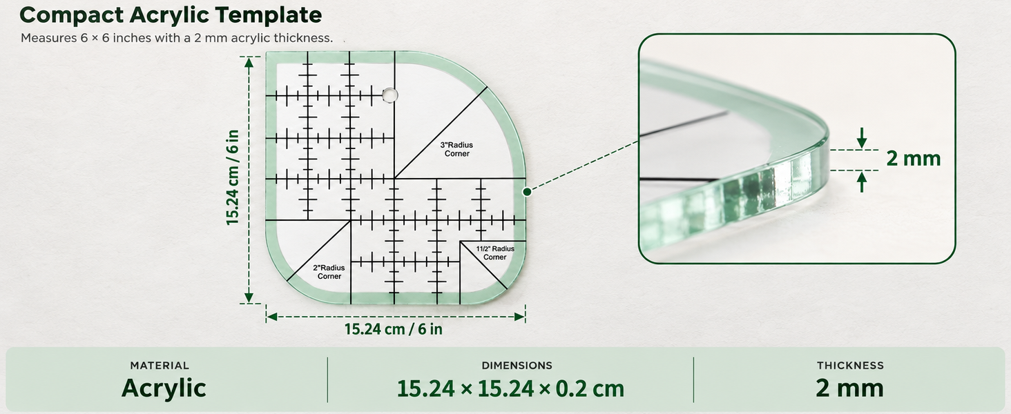 HASTHIP Curved Corner Quilting Ruler in Clear Acrylic, Three Radius Sizes and 45°/90° Markings