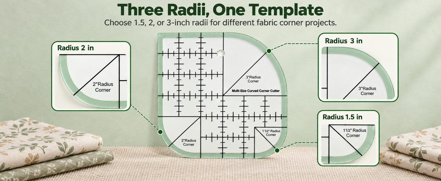 HASTHIP Curved Corner Quilting Ruler in Clear Acrylic, Three Radius Sizes and 45°/90° Markings
