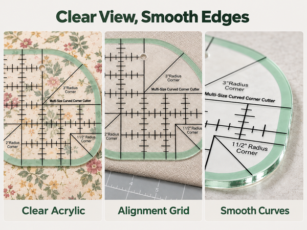 HASTHIP Curved Corner Quilting Ruler in Clear Acrylic, Three Radius Sizes and 45°/90° Markings