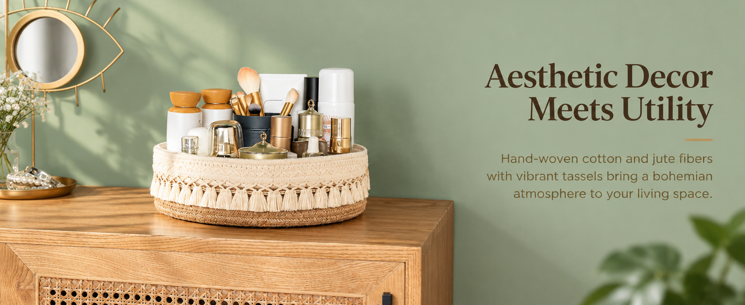 HASTHIP Cotton and Jute Storage Basket, Handwoven Boho Organizer for Cosmetics and Daily Essentials