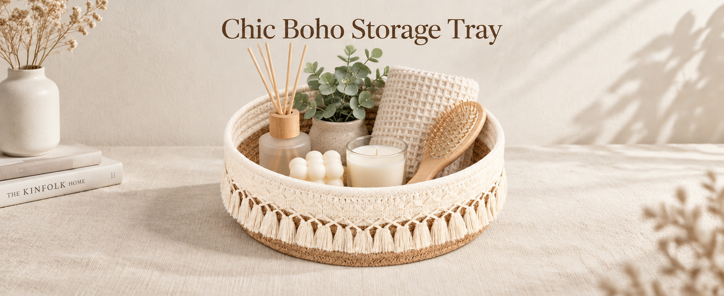 HASTHIP Cotton and Jute Storage Basket, Handwoven Boho Organizer for Cosmetics and Daily Essentials