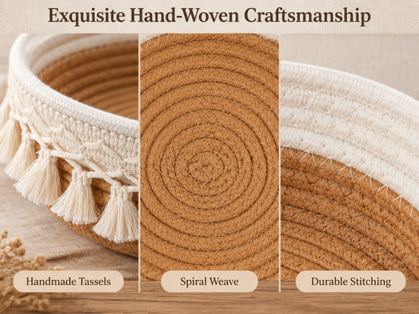 HASTHIP Cotton and Jute Storage Basket, Handwoven Boho Organizer for Cosmetics and Daily Essentials