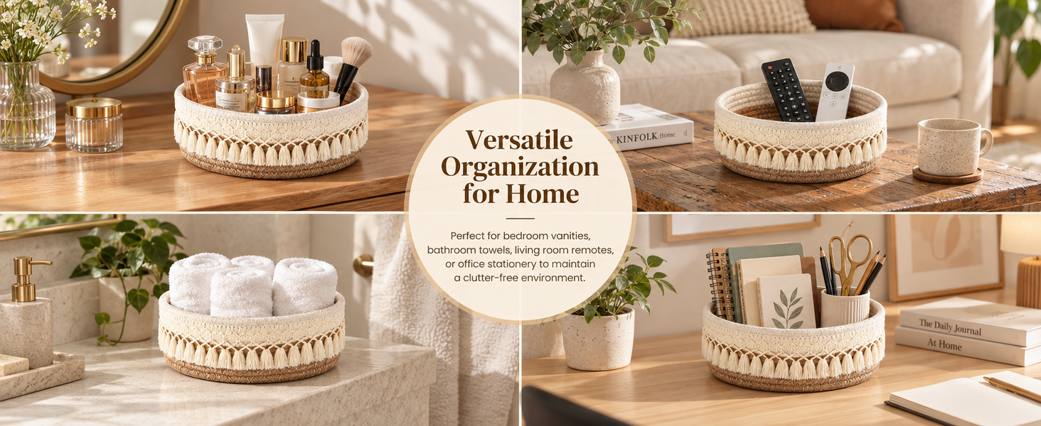 HASTHIP Cotton and Jute Storage Basket, Handwoven Boho Organizer for Cosmetics and Daily Essentials