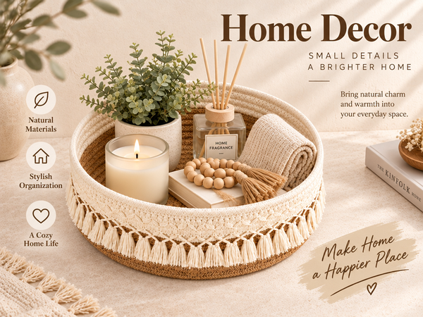 HASTHIP Cotton and Jute Storage Basket, Handwoven Boho Organizer for Cosmetics and Daily Essentials