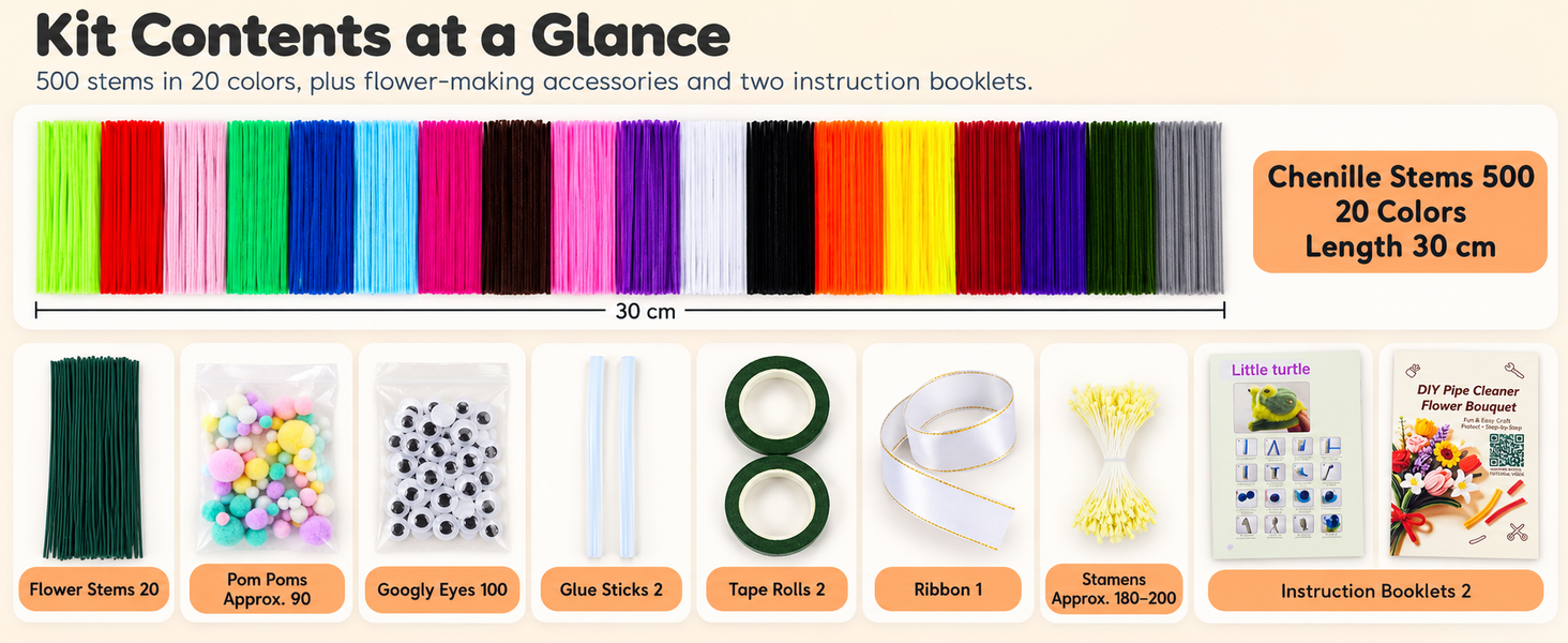 HASTHIP 500-Piece Chenille Stem Craft Kit with 20 Colors and Flower and Animal Guides