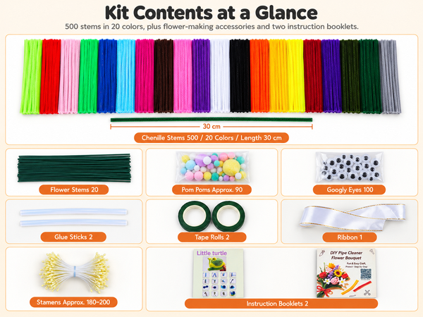 HASTHIP 500-Piece Chenille Stem Craft Kit with 20 Colors and Flower and Animal Guides