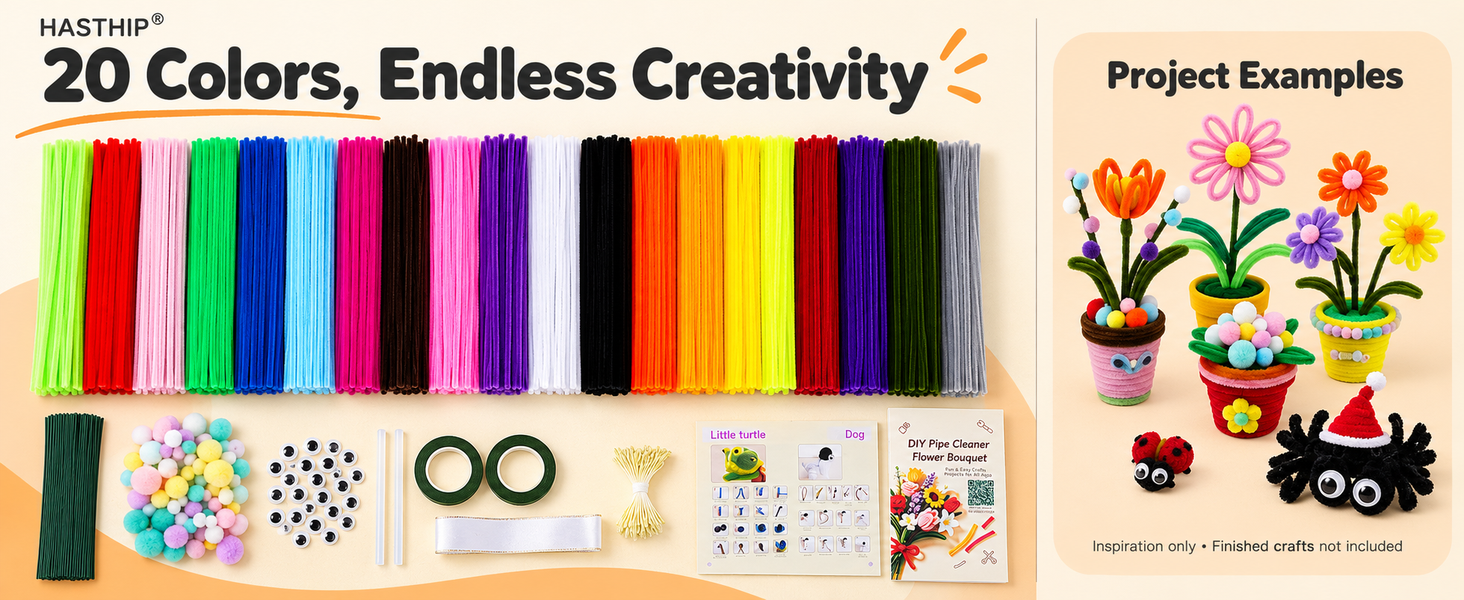 HASTHIP 500-Piece Chenille Stem Craft Kit with 20 Colors and Flower and Animal Guides