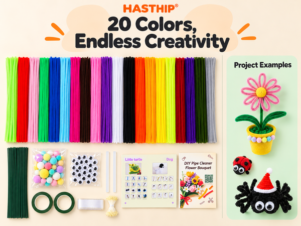 HASTHIP 500-Piece Chenille Stem Craft Kit with 20 Colors and Flower and Animal Guides