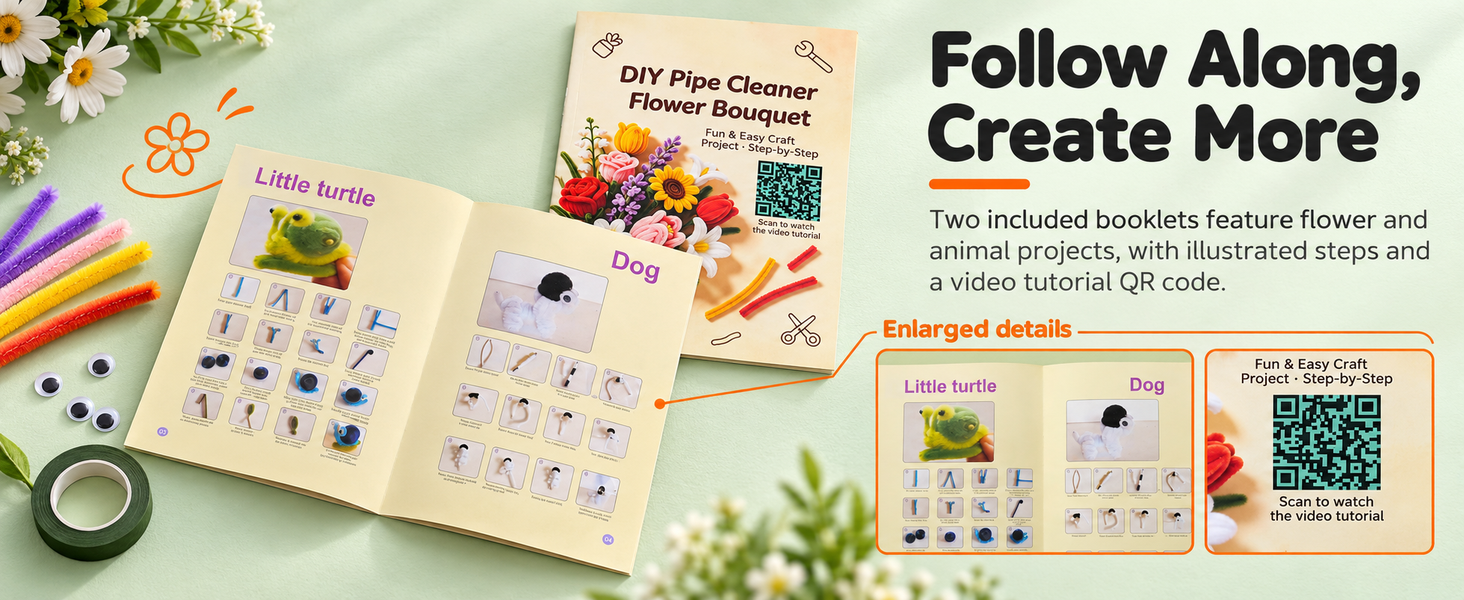 HASTHIP 500-Piece Chenille Stem Craft Kit with 20 Colors and Flower and Animal Guides