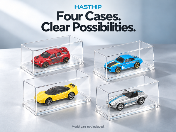 HASTHIP 1/64 Model Car Display Cases, 4 Clear Acrylic Boxes, Stackable with Rounded Edges