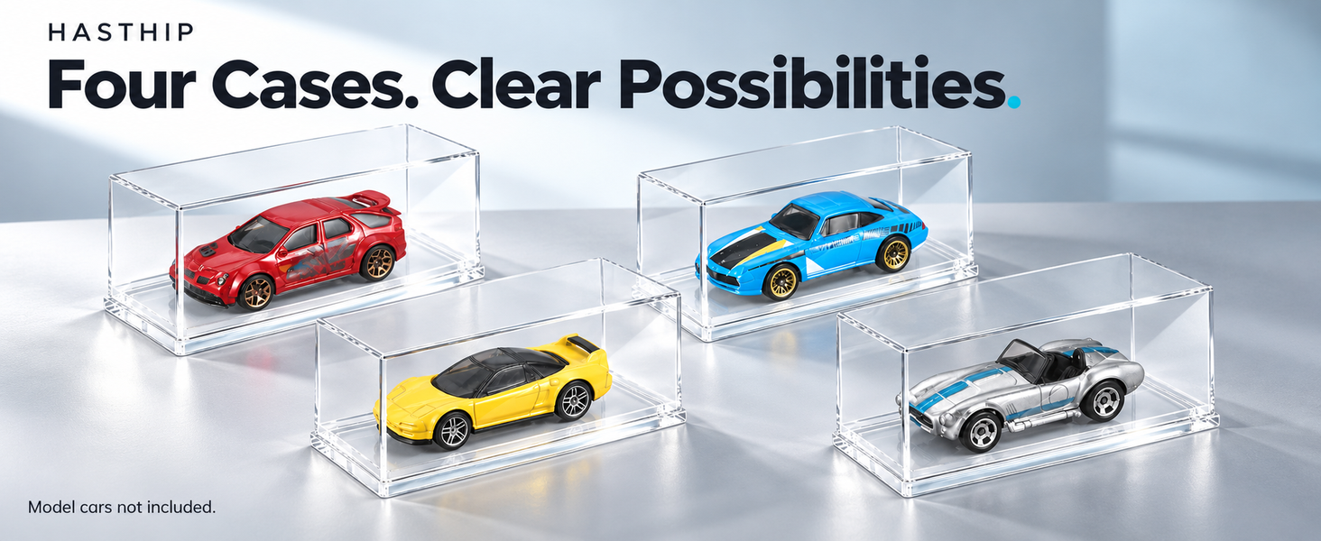 HASTHIP 1/64 Model Car Display Cases, 4 Clear Acrylic Boxes, Stackable with Rounded Edges