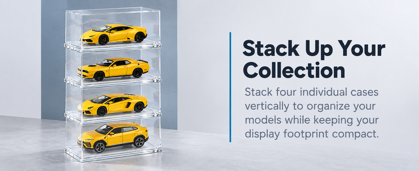 HASTHIP 1/64 Model Car Display Cases, 4 Clear Acrylic Boxes, Stackable with Rounded Edges