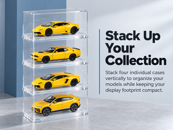 HASTHIP 1/64 Model Car Display Cases, 4 Clear Acrylic Boxes, Stackable with Rounded Edges