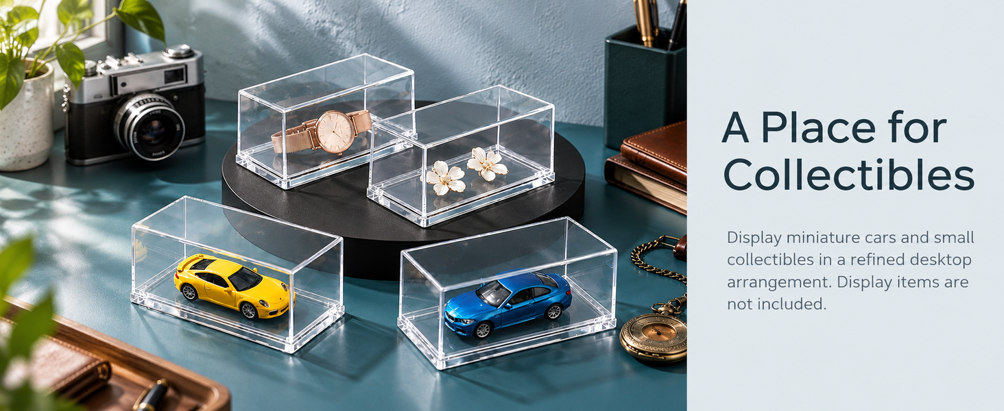 HASTHIP 1/64 Model Car Display Cases, 4 Clear Acrylic Boxes, Stackable with Rounded Edges