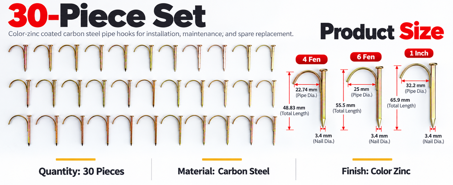 HASTHIP PPR Water Pipe Hooks, 30-Piece Metal No-Drill Set for 1/2, 3/4 and 1 Inch Pipes