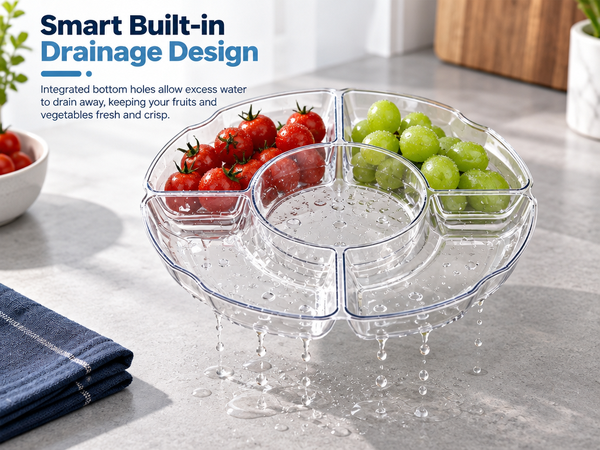 HASTHIP Clear Plastic Divided Serving Tray Set, 2 Pieces with Five Compartments and Drainage Holes