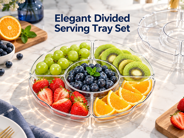 HASTHIP Clear Plastic Divided Serving Tray Set, 2 Pieces with Five Compartments and Drainage Holes
