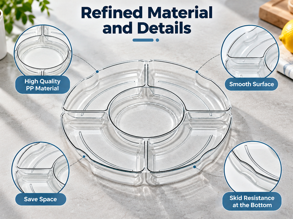 HASTHIP Clear Plastic Divided Serving Tray Set, 2 Pieces with Five Compartments and Drainage Holes