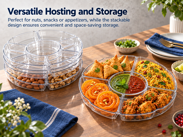 HASTHIP Clear Plastic Divided Serving Tray Set, 2 Pieces with Five Compartments and Drainage Holes