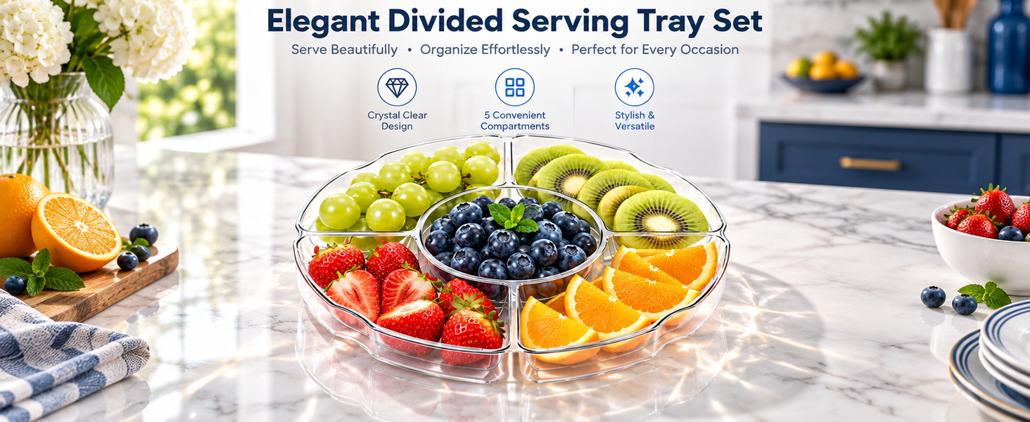 HASTHIP Clear Plastic Divided Serving Tray Set, 2 Pieces with Five Compartments and Drainage Holes