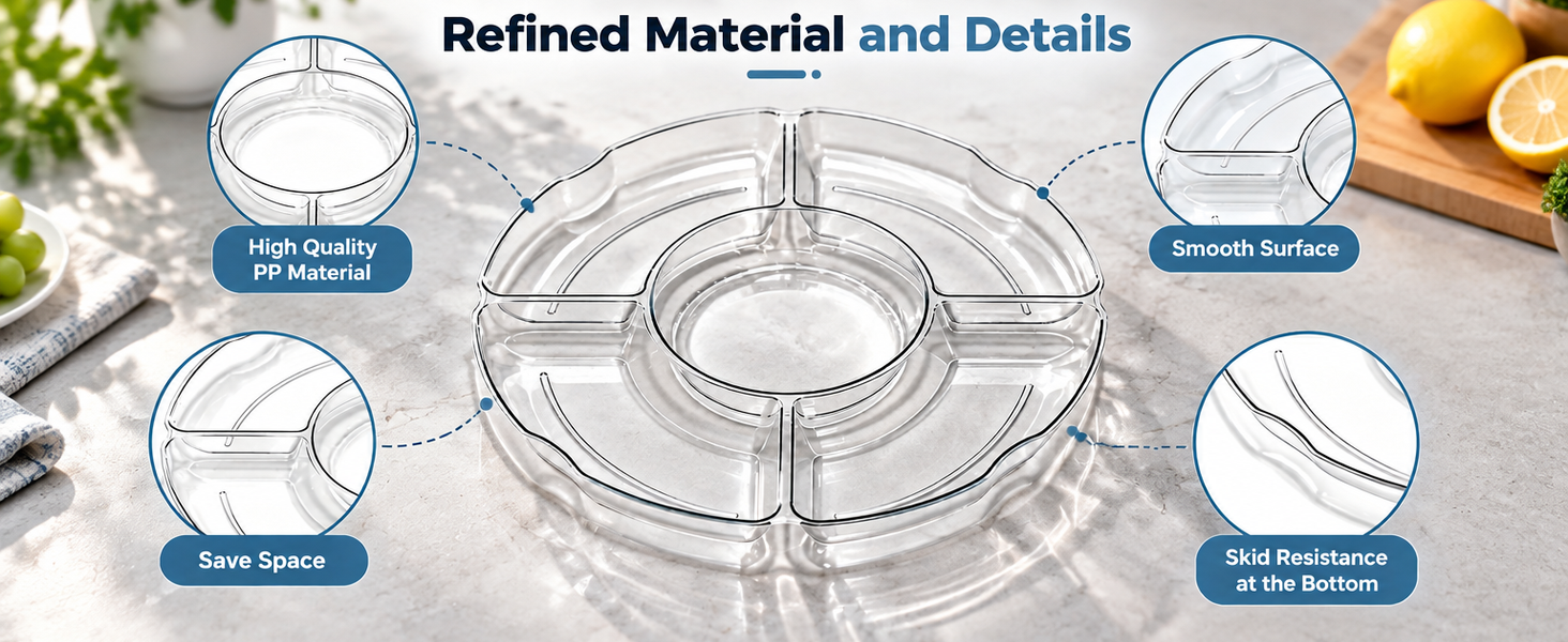 HASTHIP Clear Plastic Divided Serving Tray Set, 2 Pieces with Five Compartments and Drainage Holes